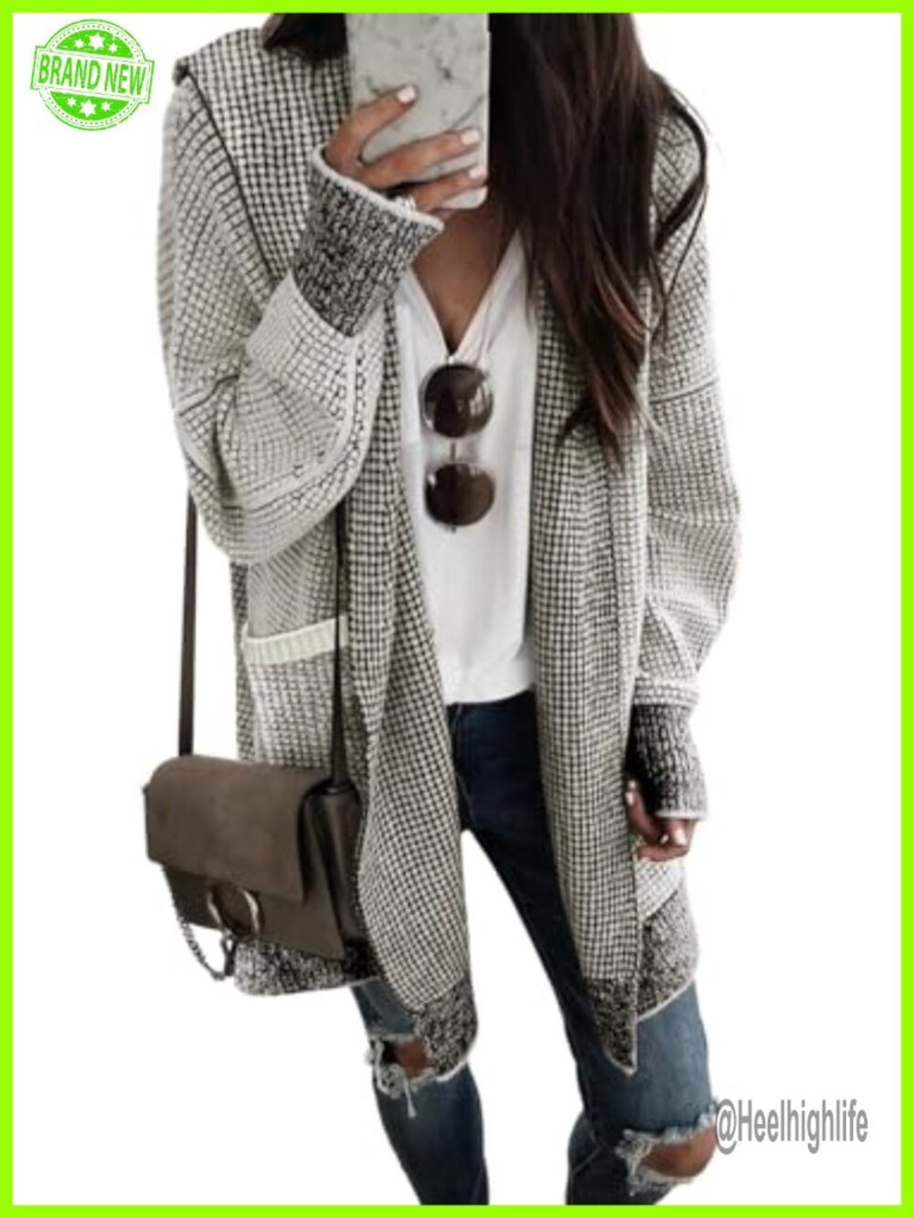 Open Front Hooded Cardigan Sweater Plaid Knit Fall Winter